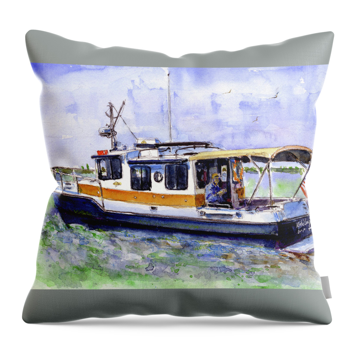 Bay Throw Pillow featuring the painting Don and Kathys Boat by John D Benson