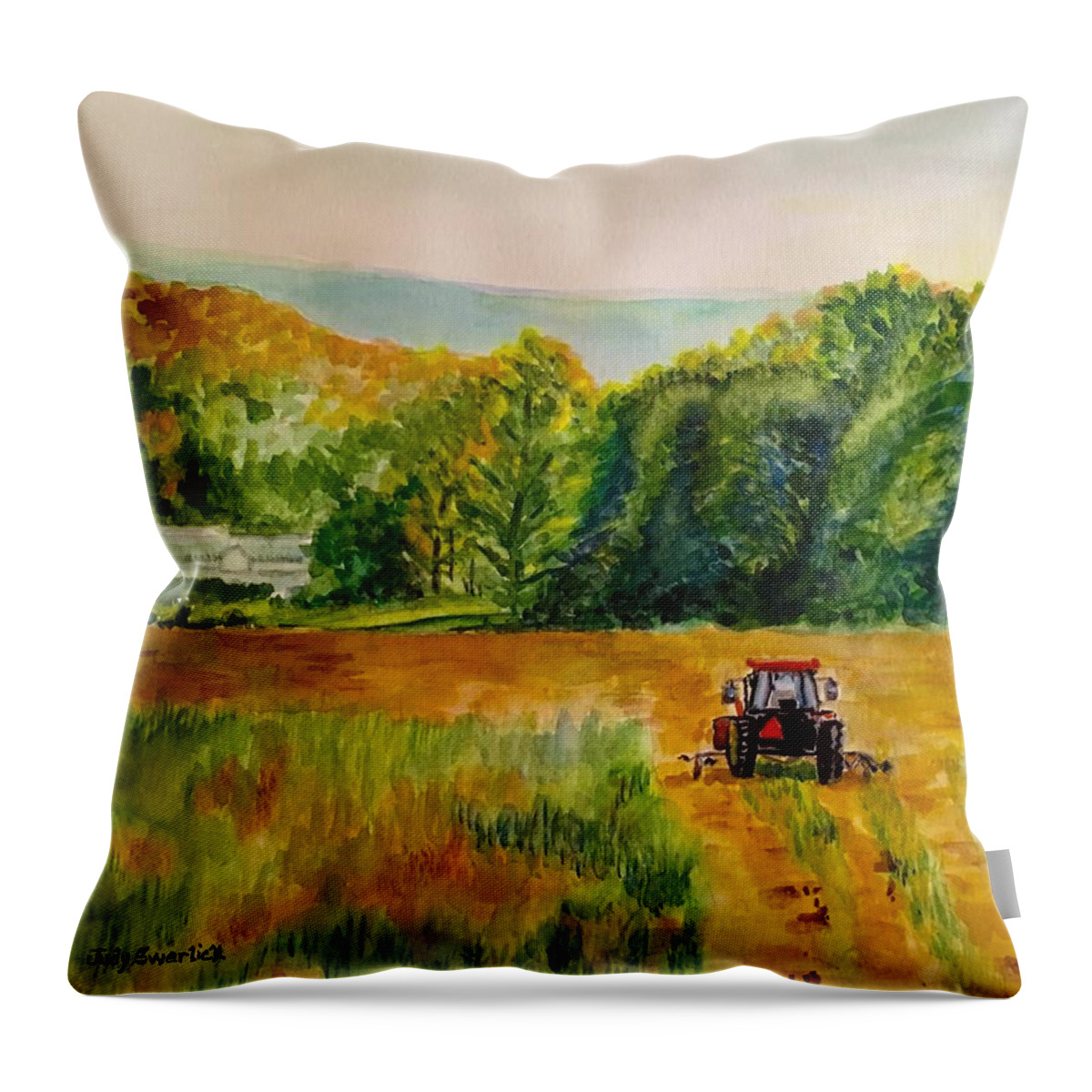 Tractor Throw Pillow featuring the painting Done for the Day by Judy Swerlick