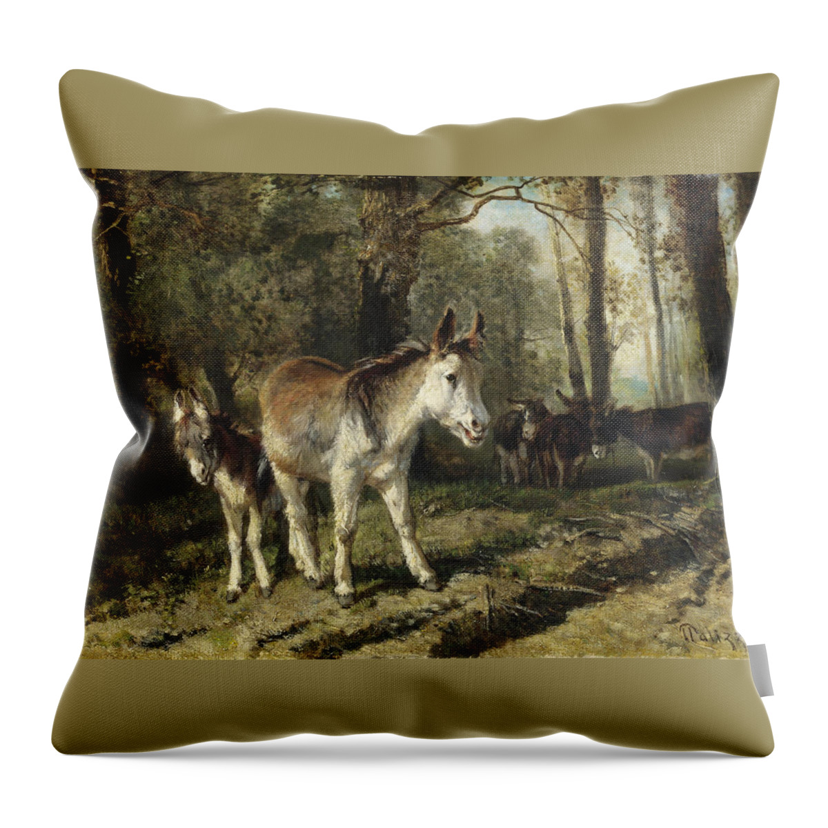 Giuseppe Palizzi Throw Pillow featuring the painting Donkeys by Giuseppe Palizzi