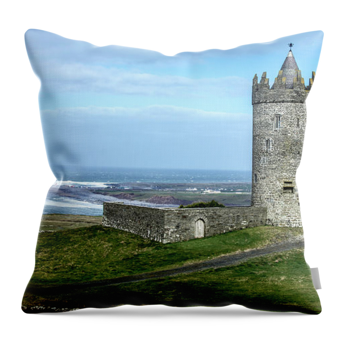 Ireland Throw Pillow featuring the photograph Doonagore Castle, Doolin Ferry, Atlantic Ocean Ireland by WAZgriffin Digital