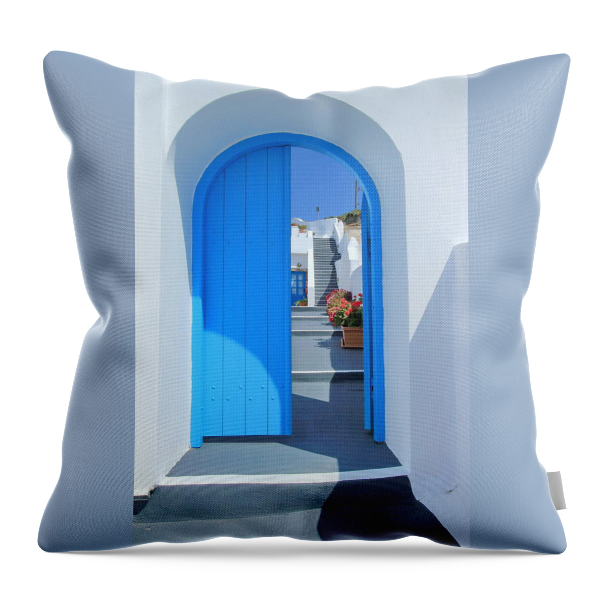 Architecture Throw Pillow featuring the photograph Door and stairs, Santorini, Greece by Elenarts - Elena Duvernay photo