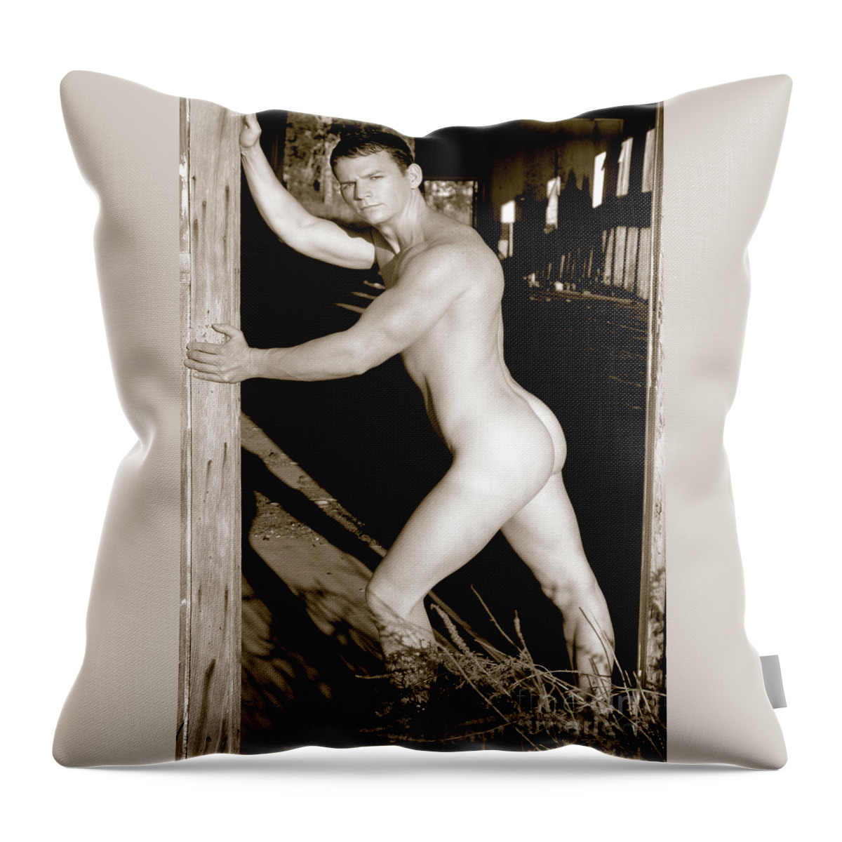 Nude Throw Pillow featuring the photograph Male Nude at the Door by Gunther Allen