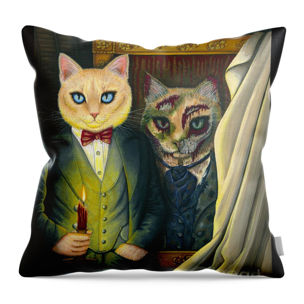 Dorian Gray Throw Pillow featuring the painting Dorian Gray as a Cat by Carrie Hawks