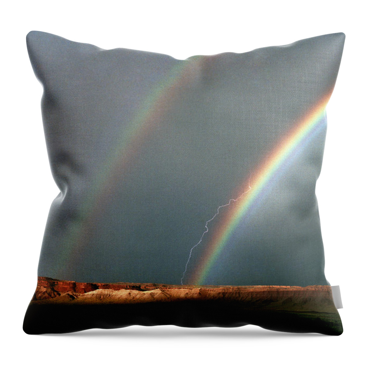 Lightning Throw Pillow featuring the photograph Double Rainbow And Lightning-Signed by J L Woody Wooden