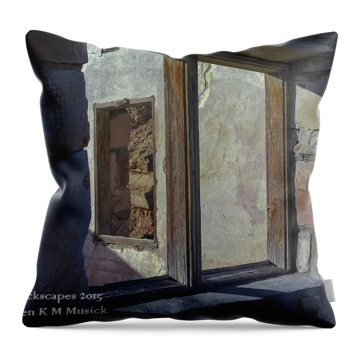 This Room With A View Looks Through Two Windows In This Old Home Built Right On The Rio Grande River In Big Bend Throw Pillow featuring the photograph Double Take by Karen Musick