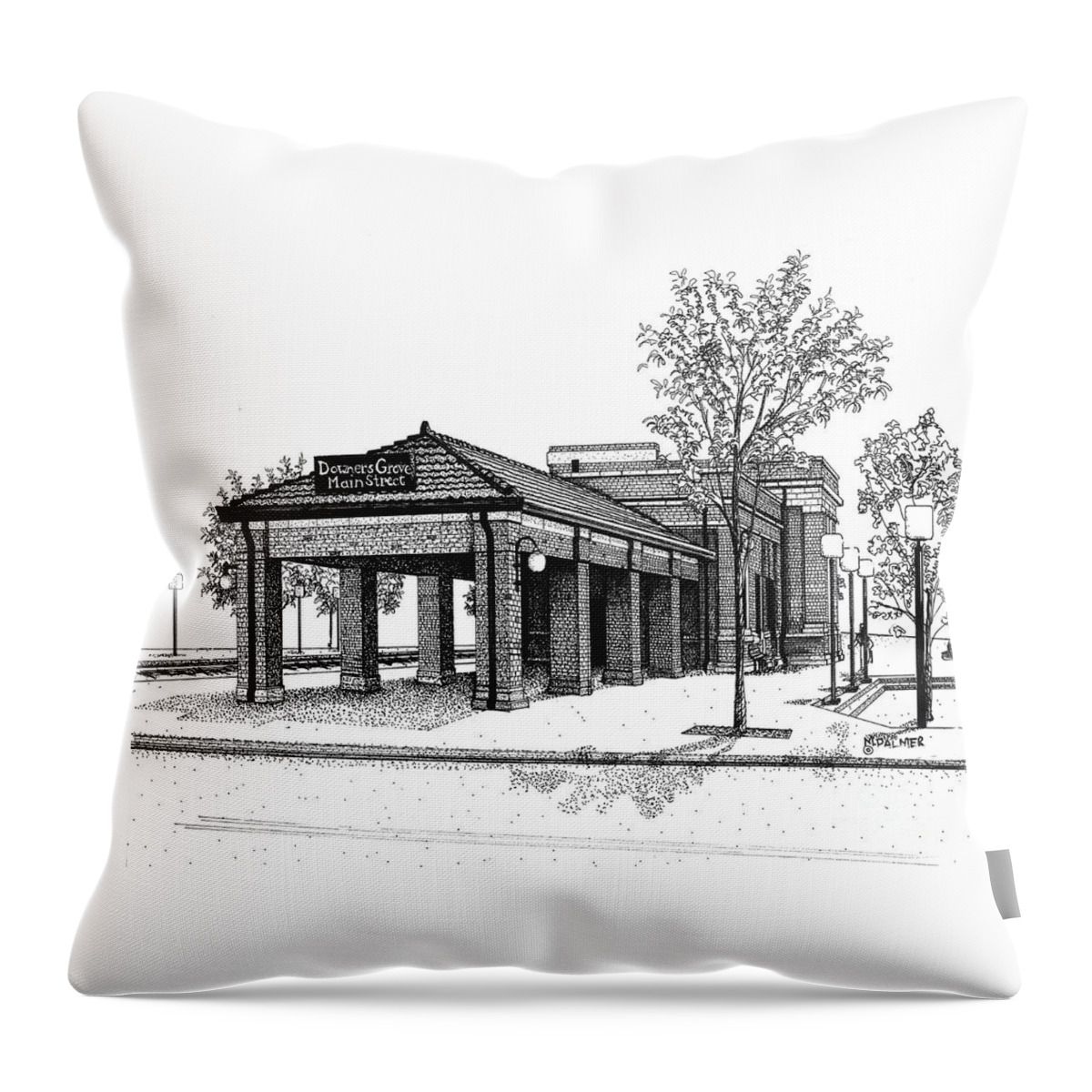 Station Throw Pillow featuring the drawing Downers Grove Main Street Train Station by Mary Palmer
