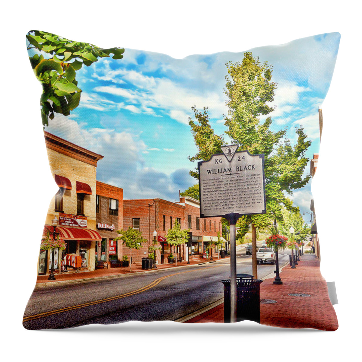 Downtown Blacksburg Virginia Throw Pillow featuring the photograph Downtown Blacksburg with Historical Marker by Kerri Farley
