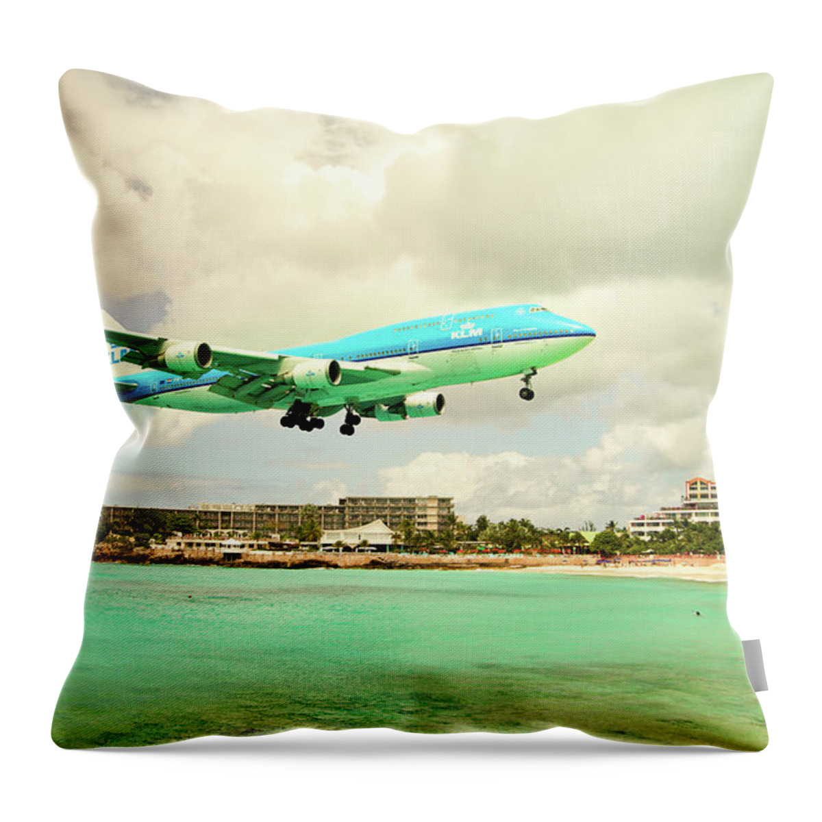 Boeing 747 With Four Engines Throw Pillow featuring the photograph Dramatic Landing at St Maarten by Nick Mares