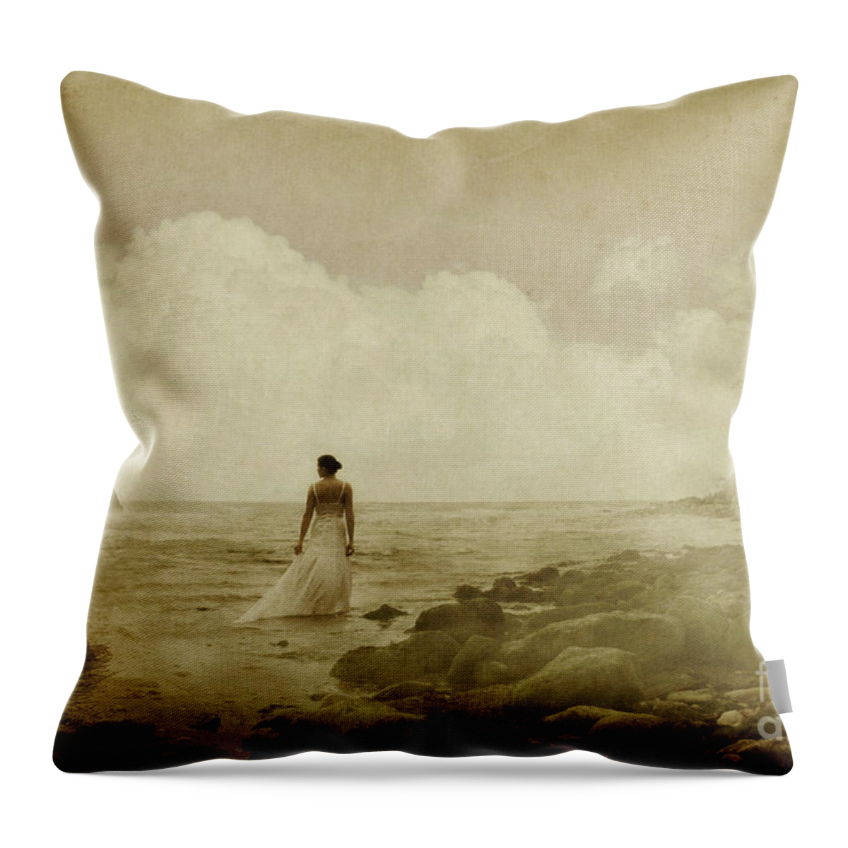 Woman Throw Pillow featuring the photograph Dramatic seascape and woman by Clayton Bastiani