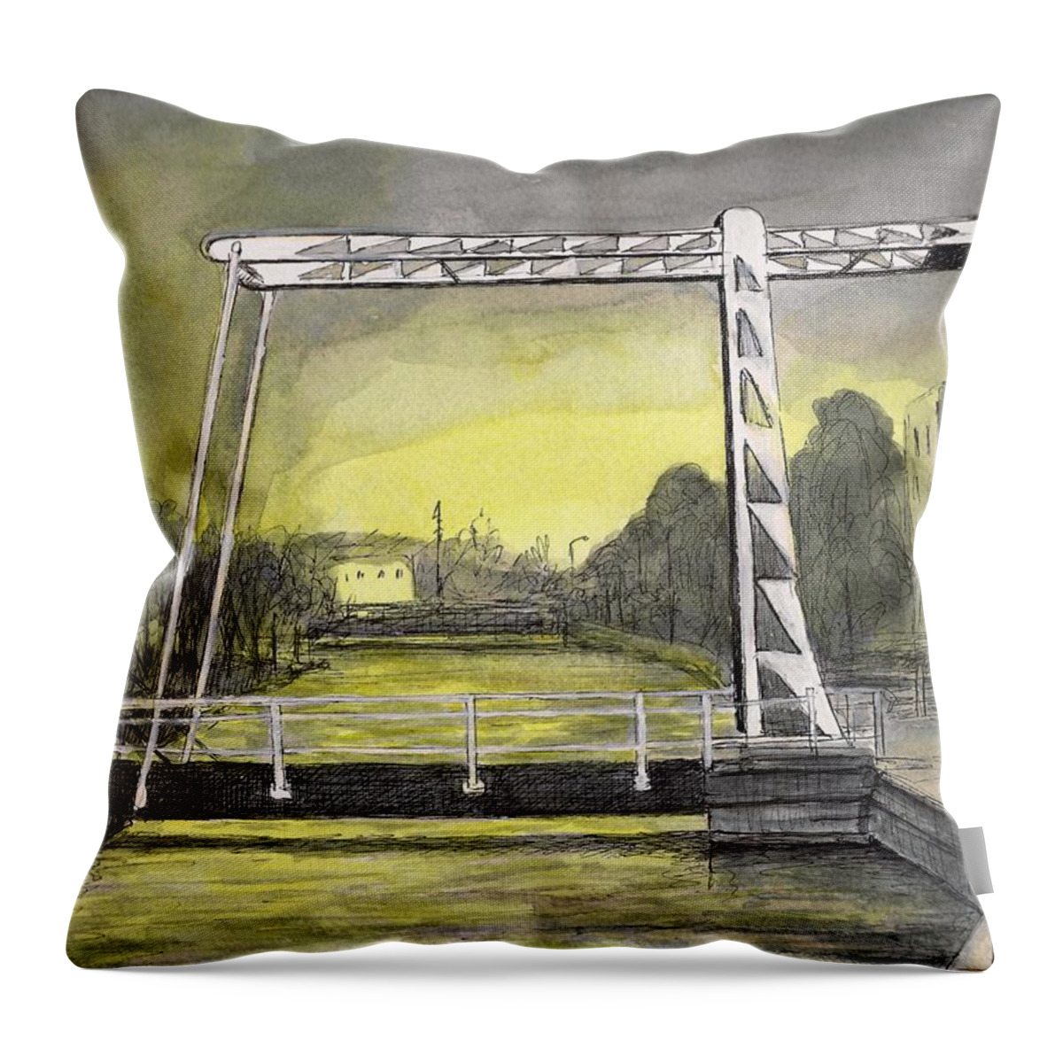 Holland Throw Pillow featuring the painting Draw Bridge in Meppel, Holland 2016 by Arthur Barnes