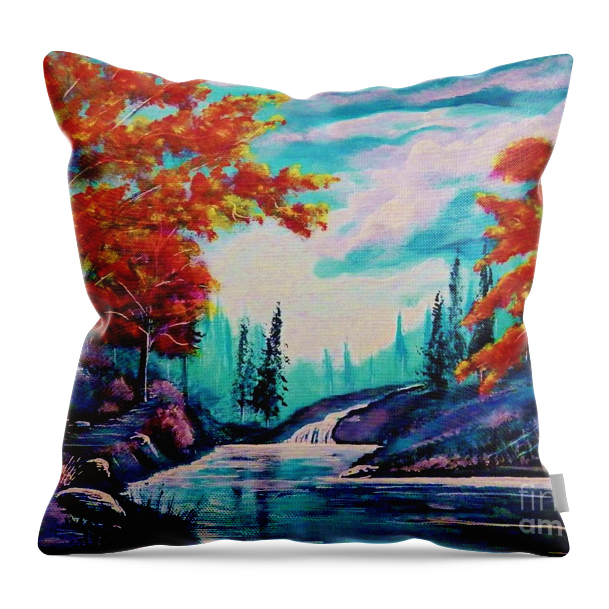 Along The Throw Pillow featuring the painting Dream Along The Riverside by Mario Lorenz