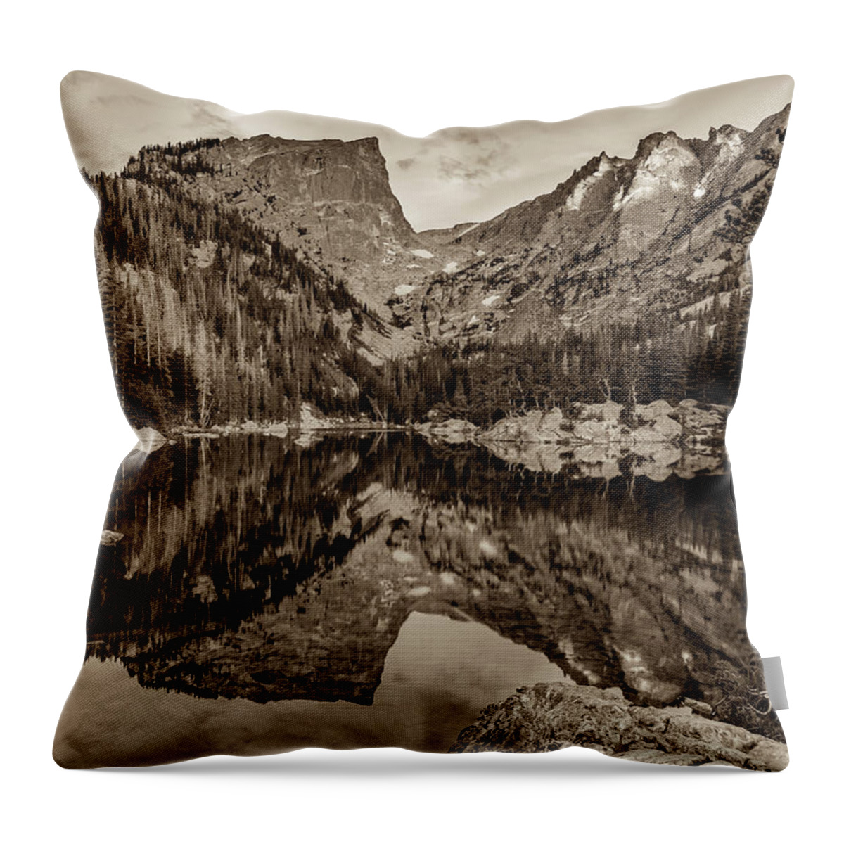 America Throw Pillow featuring the photograph Dream Lake Reflections And Rocky Mountain National Park Landscape - Sepia by Gregory Ballos