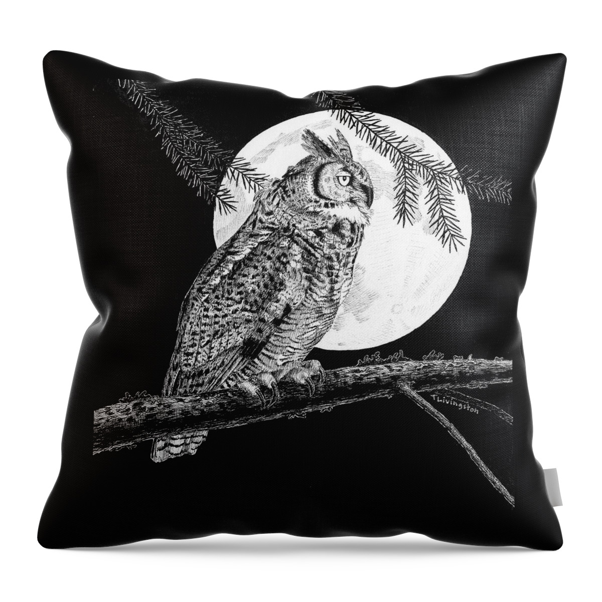 Great Horned Owl Throw Pillow featuring the drawing Dreaming of the Night by Timothy Livingston
