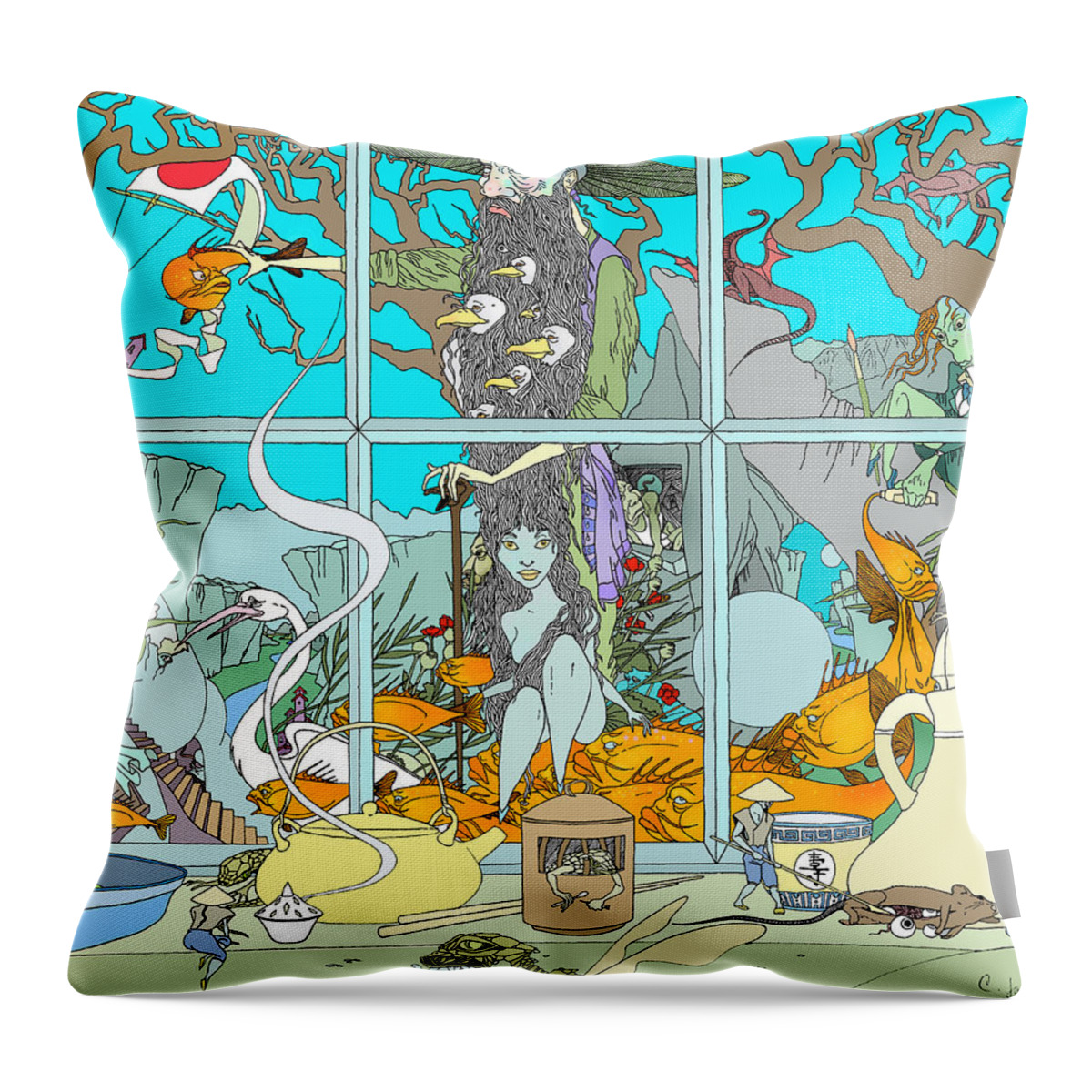 Oriental Throw Pillow featuring the drawing Dreams of Fish by Christoph James