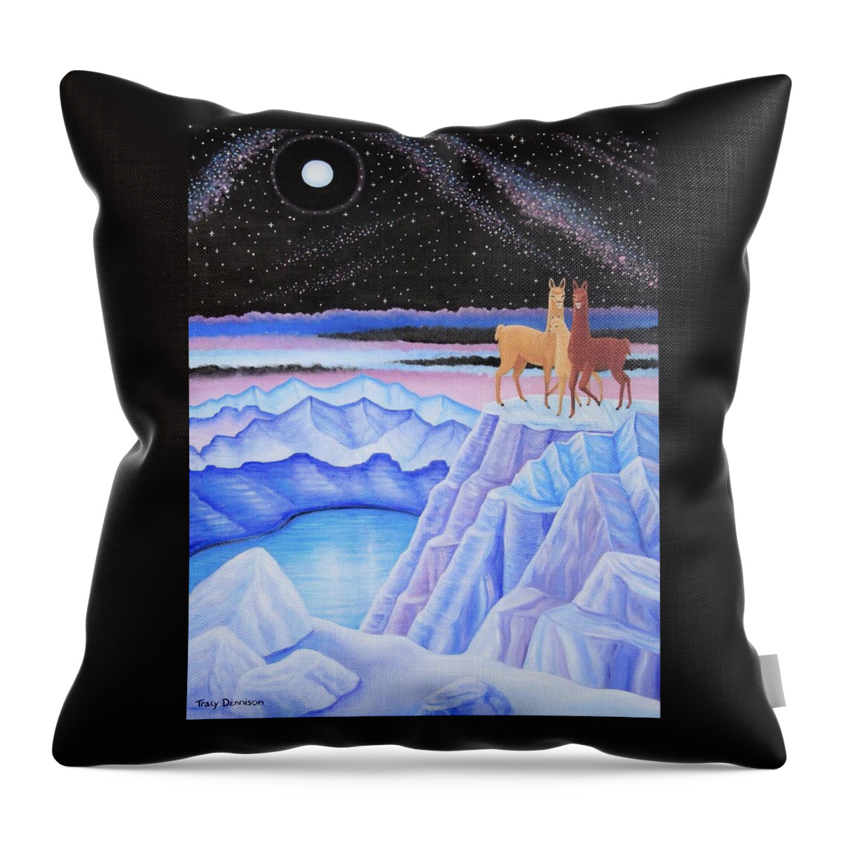 Llamas Landscape Night Sky Full Moon Throw Pillow featuring the painting Dreamscape by Tracy Dennison