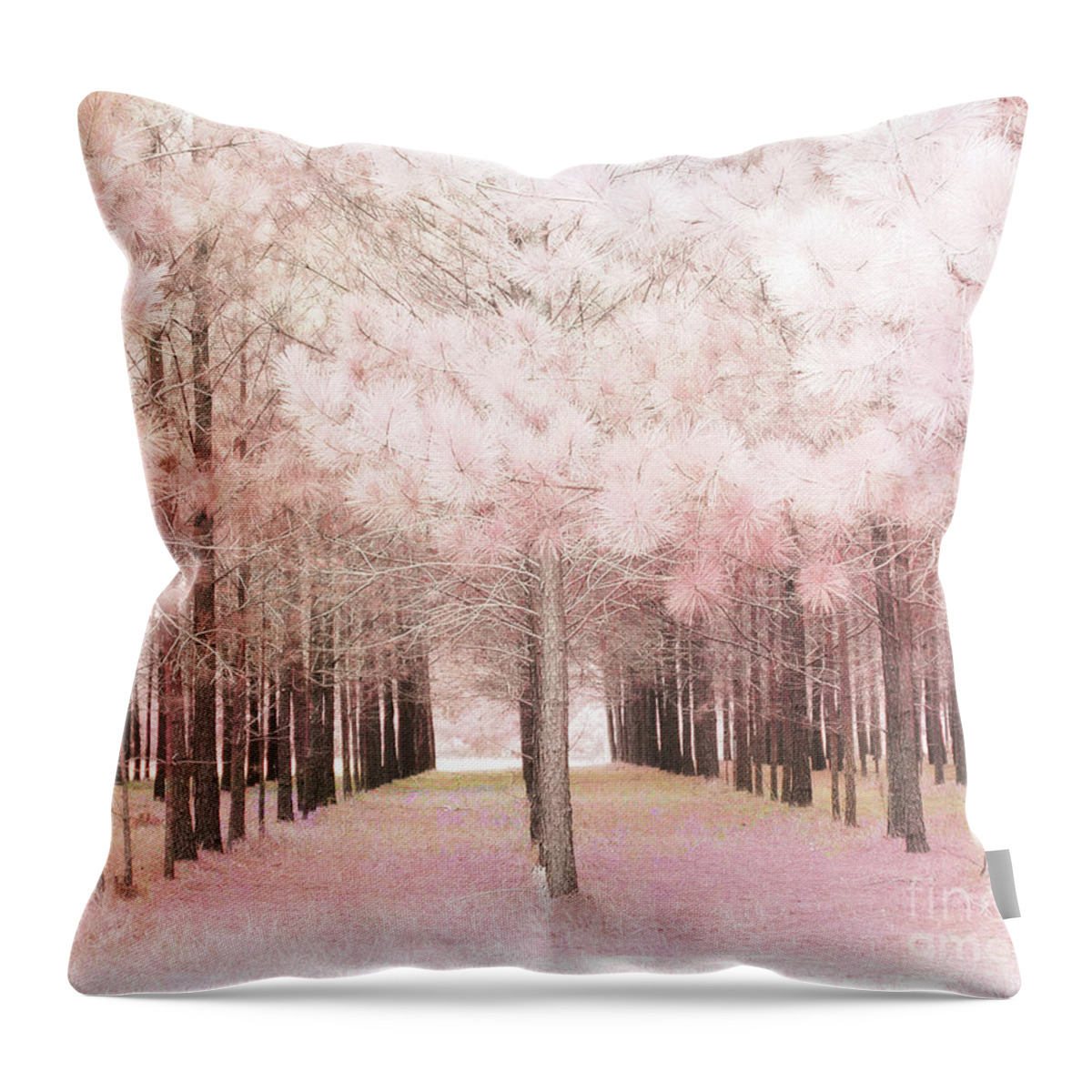 Pink Nature Photos Throw Pillow featuring the photograph Dreamy Shabby Chic Pink Nature Pink Trees Woodlands - Pink Nature Nursery Prints Decor by Kathy Fornal