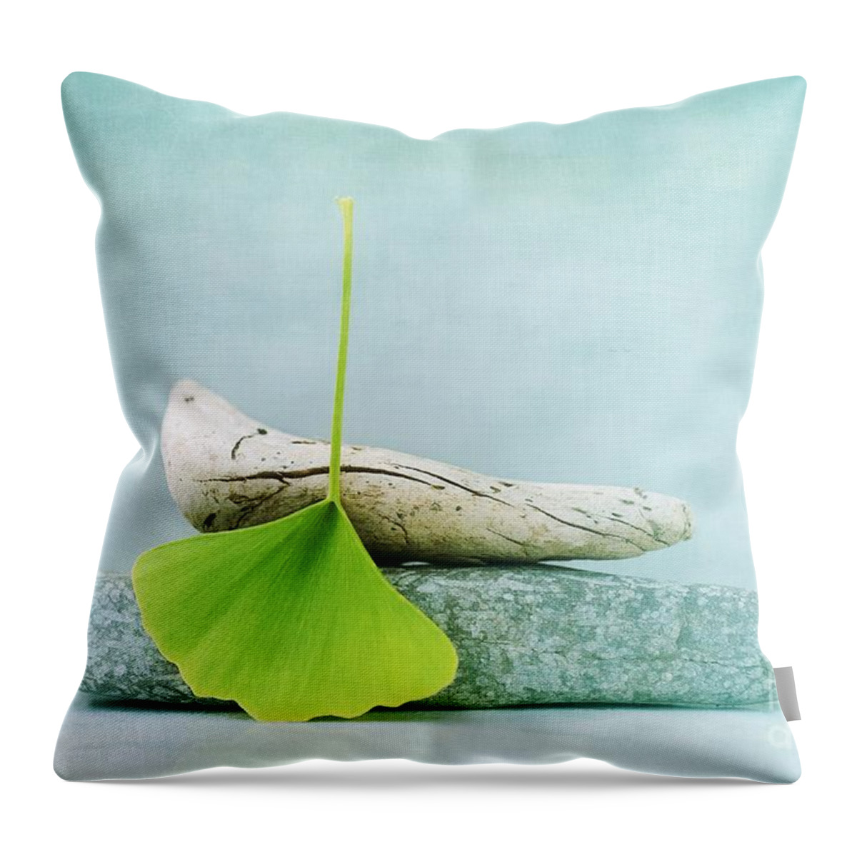 Leaf Throw Pillow featuring the photograph Driftwood Stones And A Gingko Leaf by Priska Wettstein