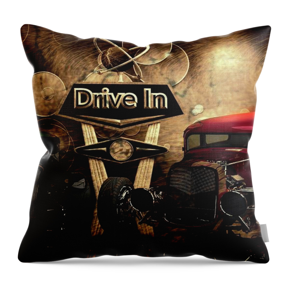 Antique Cars # Collector Cars # Black And White # Ford Hot Rod # Chevy # Drive In # 3d Render # Classic Hot Rod # Custom Hot Rods # Chopped Top # Old School Throw Pillow featuring the photograph Drive In by Louis Ferreira