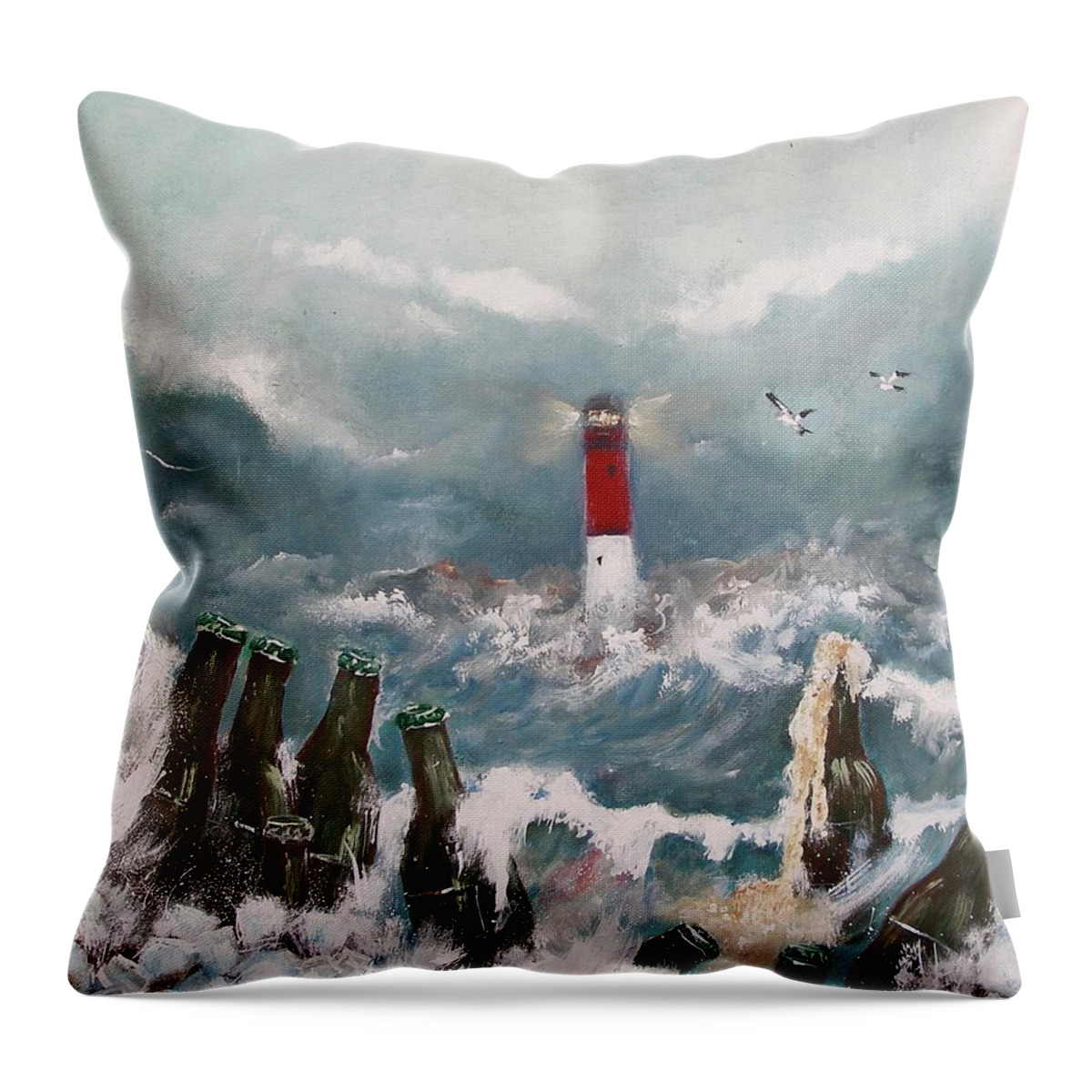 Drown In Alcohol Beer Bottle Wave Ocean Barnegat Lighthouse Water Whirlpool Abyss Blue Melt Depth Ice Cold Seagull Sky Jersey Shore Acrylic Painting Print Clouds Throw Pillow featuring the painting Drown In Alcohol by Miroslaw Chelchowski