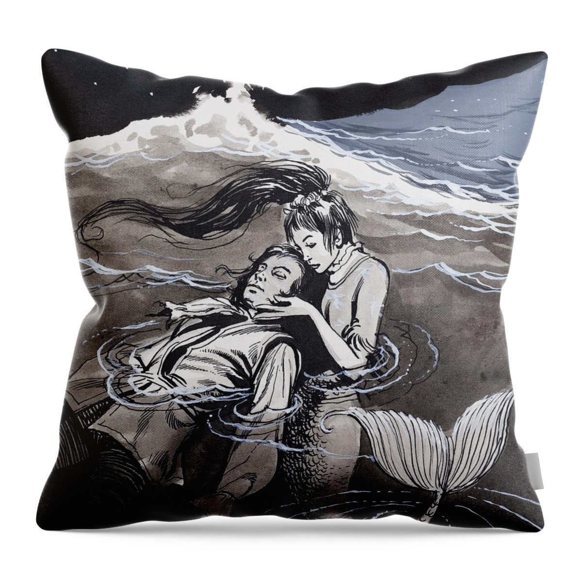 Mermaid Throw Pillow featuring the painting Drowned man being assisted by a mermaid by English School