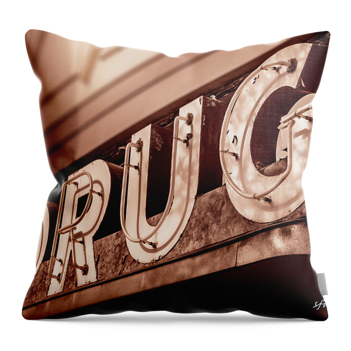 Pharmacy Throw Pillow featuring the photograph Drug Store Sign - Vintage Downtown Pharmacy by Steven Milner