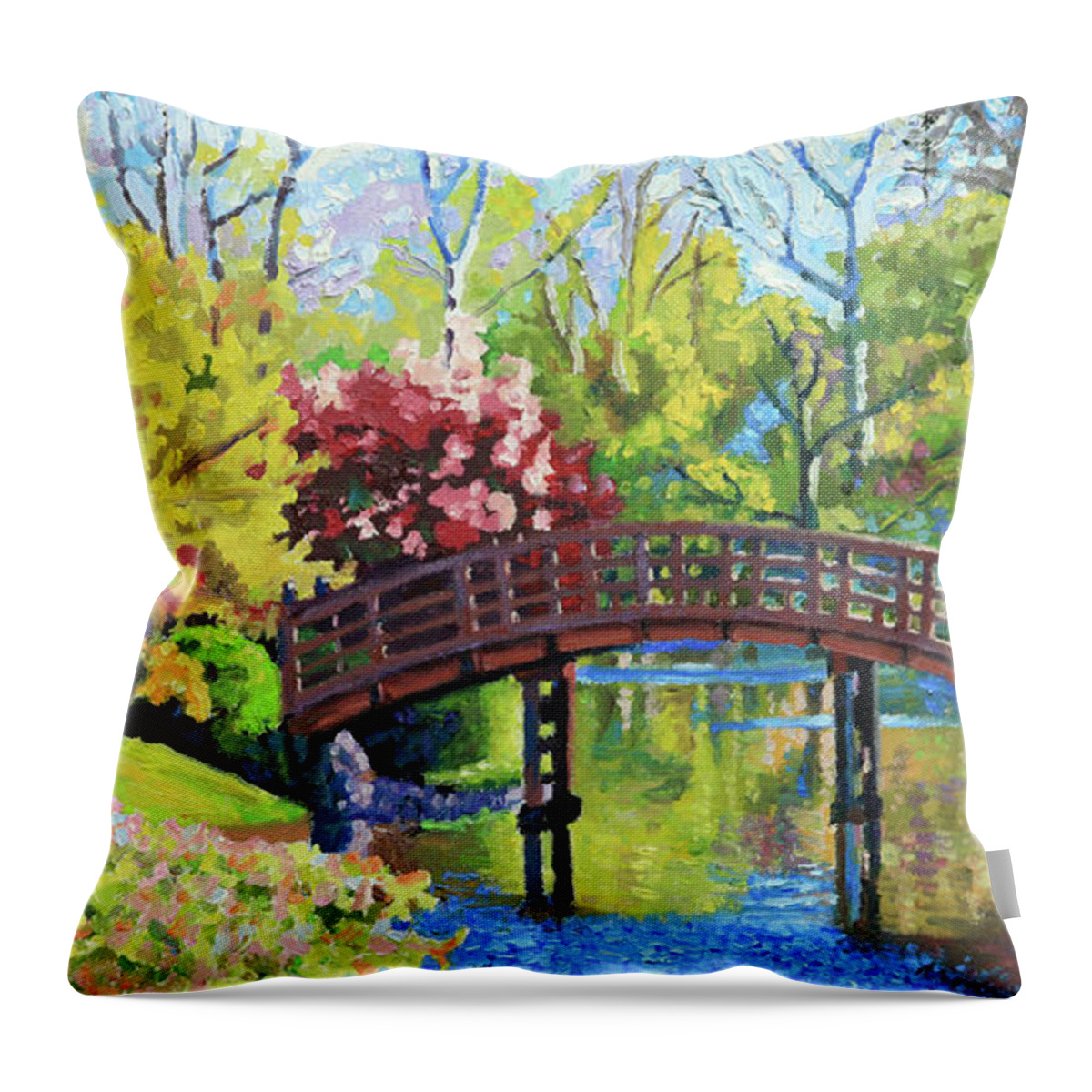 Autumn Throw Pillow featuring the painting Drum Bridge in Autumn by John Lautermilch