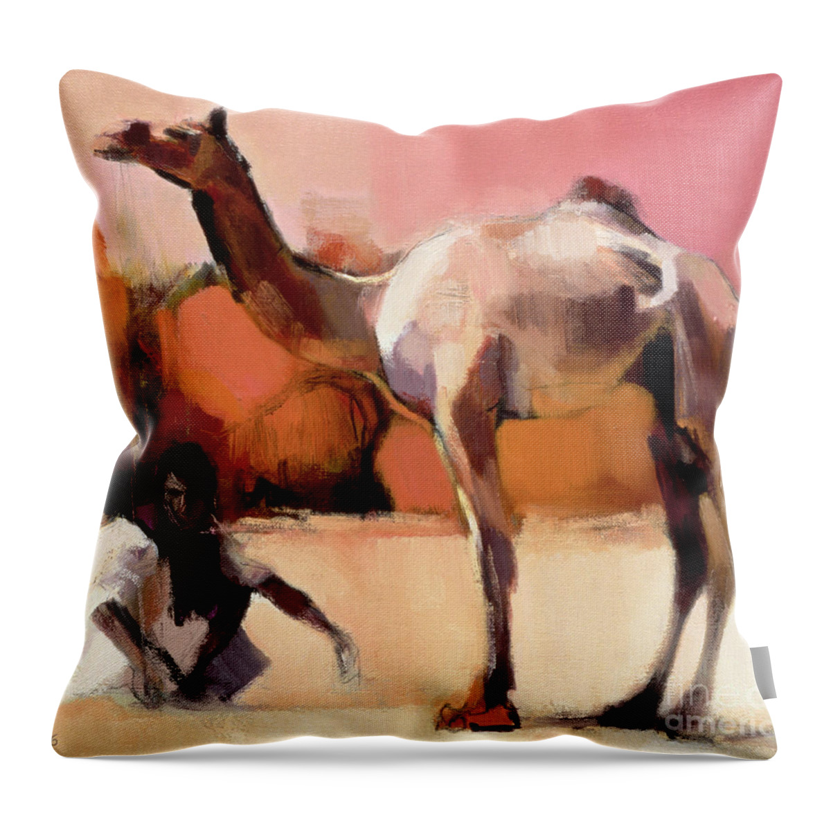 West-central India And Southern Pakistan;dromedary; One-humped Camel; Hump; Camelus Dromedarius; Kachchh; Cutch; Kachh; Man' Male Throw Pillow featuring the painting dsu and Said - Rann of Kutch by Mark Adlington