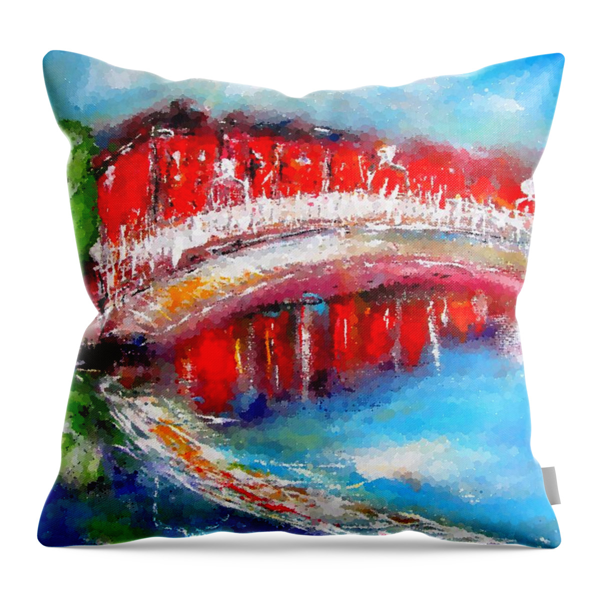 Semi Abstract Throw Pillow featuring the painting Dublin Bridge Paintings- Semi Abstract Dots by Mary Cahalan Lee - aka PIXI