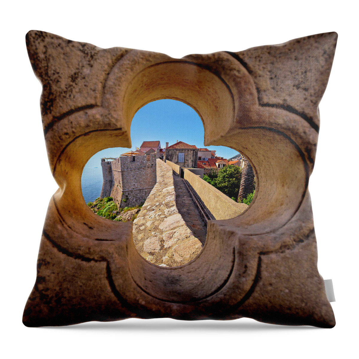 Dubrovnik Throw Pillow featuring the photograph Dubrovnik city walls view through stone carved detail by Brch Photography