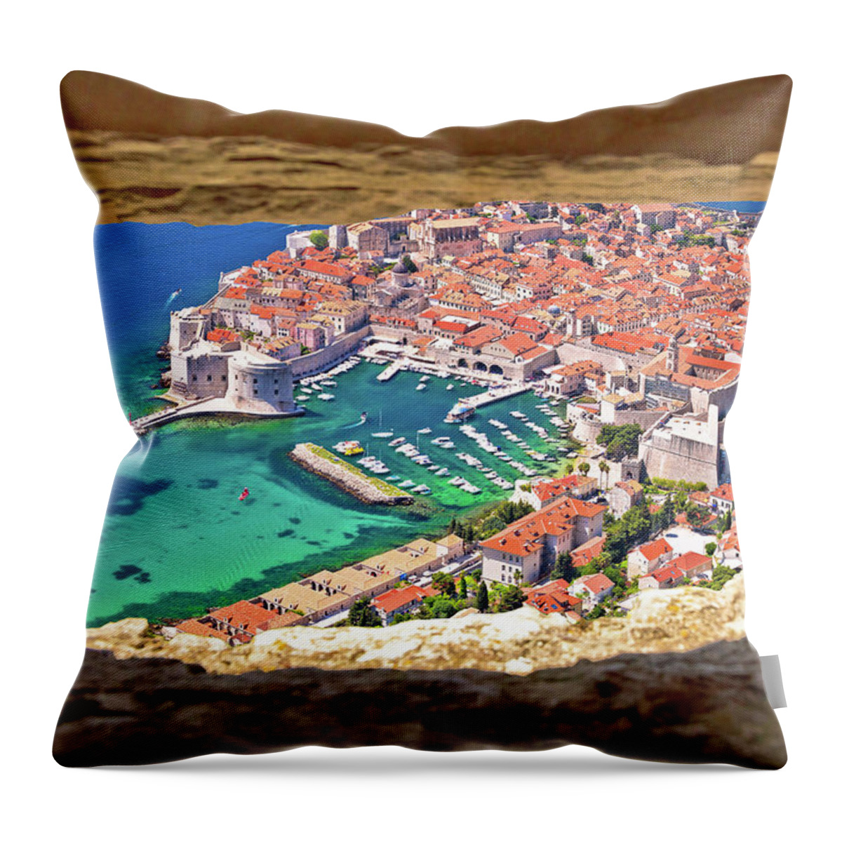 Dubrovnik Throw Pillow featuring the photograph Dubrovnik historic city and harbor aerial view through stone win by Brch Photography