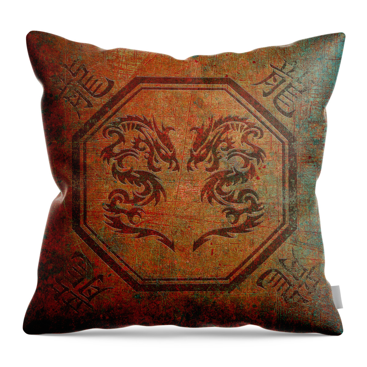 Chinese Throw Pillow featuring the digital art Dueling Dragons In An Octagon Frame With Chinese Dragon Characters Yellow Tint Distressed by Fred Bertheas
