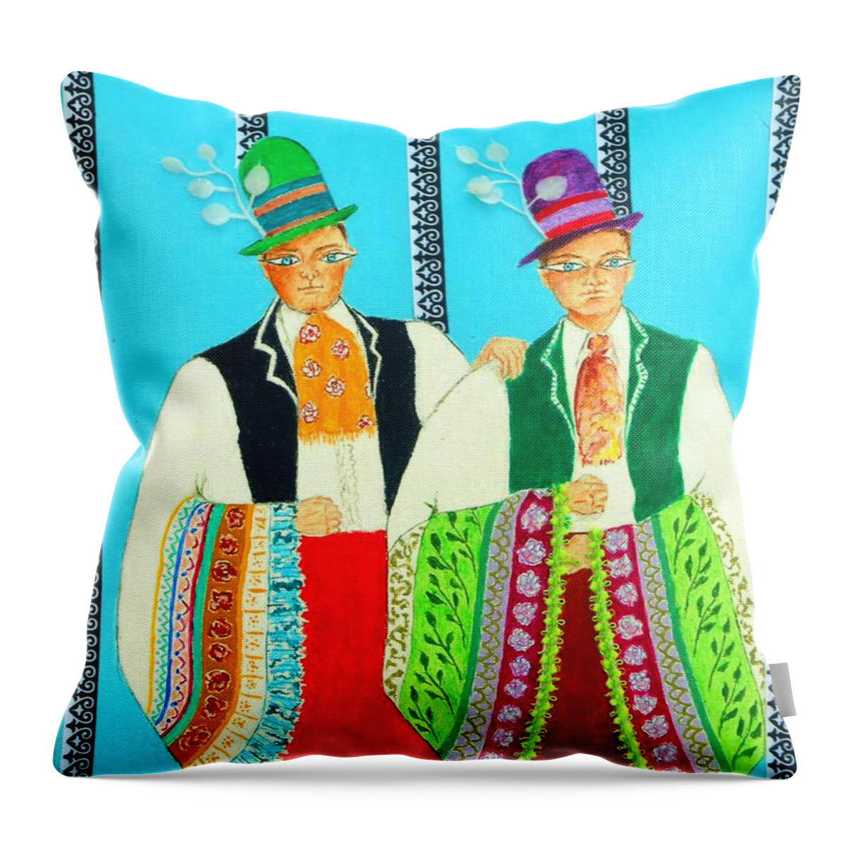 Folk Patterns Throw Pillow featuring the mixed media Duet -- #5 Hungarian Rhapsody Series by Jayne Somogy