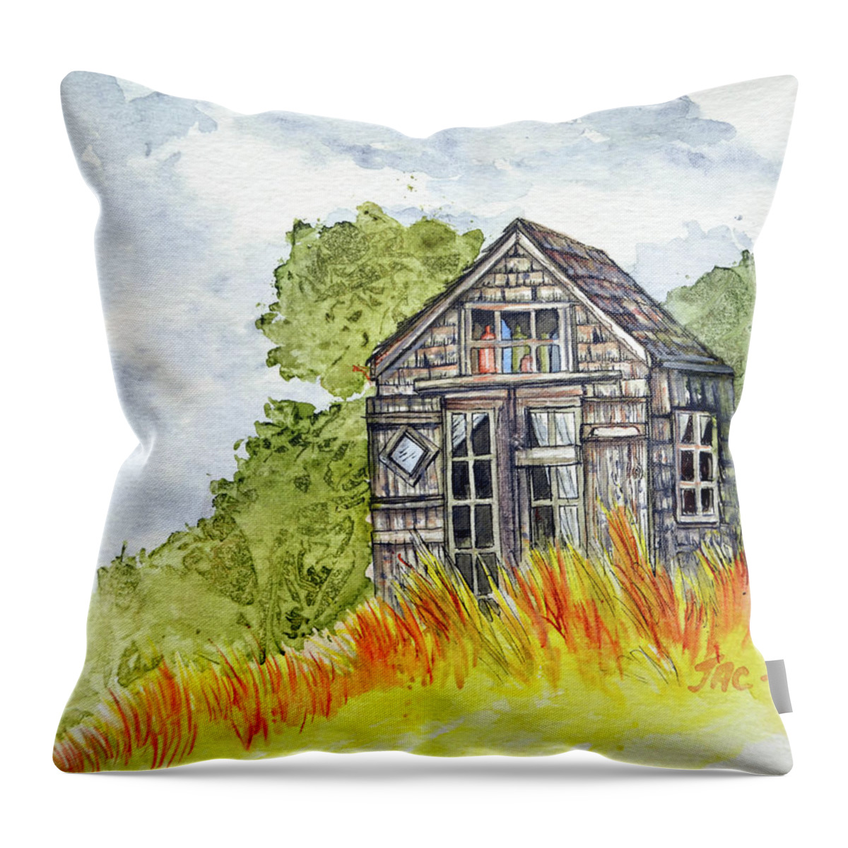 Dune Throw Pillow featuring the painting Dune Shack by Jennifer Creech