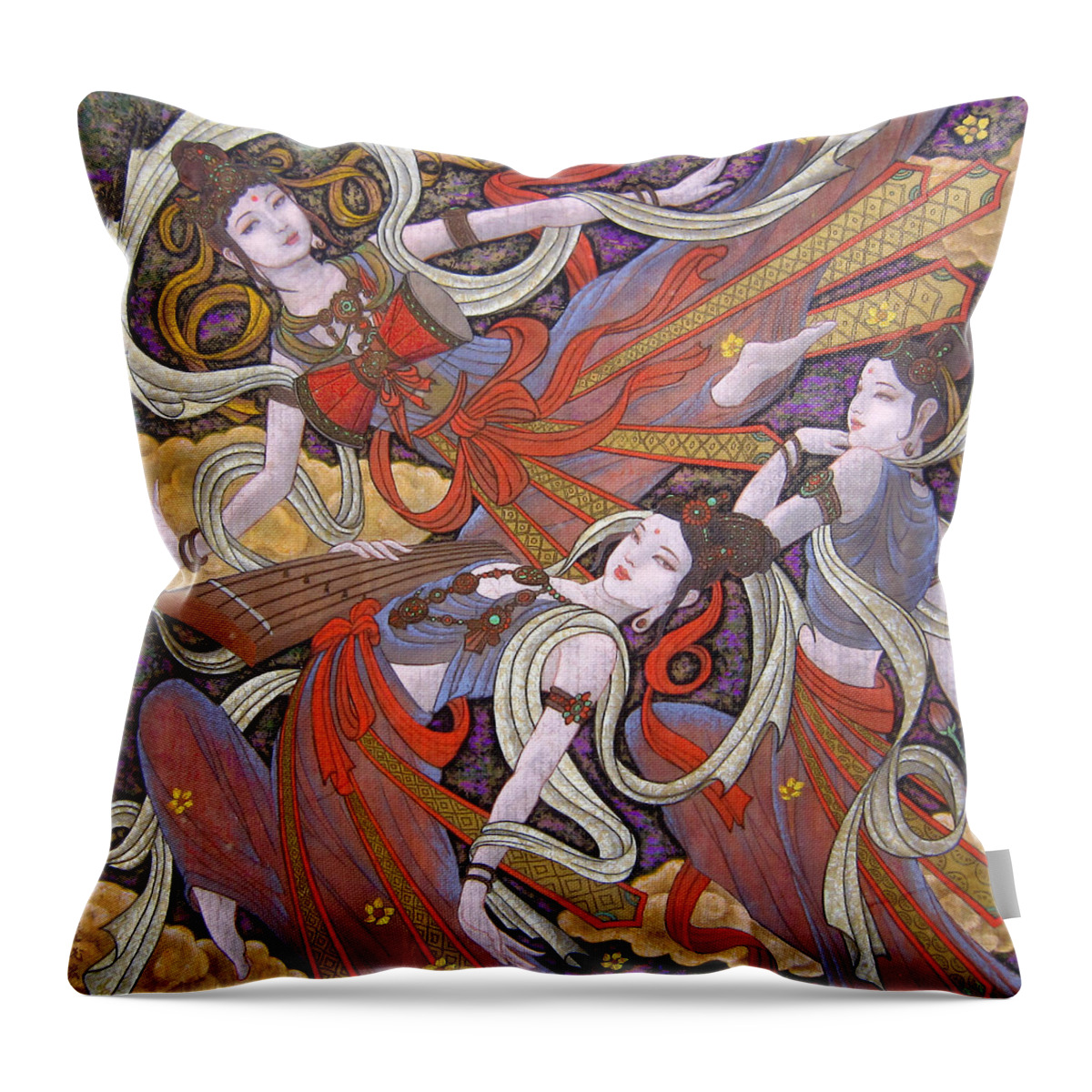 Dunhuang Throw Pillow featuring the drawing Dunhuang flying dance-Heavy color drawing-Traditional Chinese painting    by Artto Pan