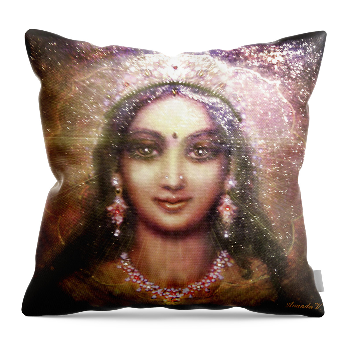 Goddess Painting Throw Pillow featuring the mixed media Vision of the Goddess - Durga or Shakti by Ananda Vdovic