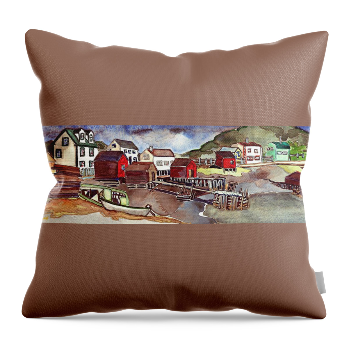 Newfoundland Fishing Port  Maritimes Architecture Seascape Throw Pillow featuring the painting Durrell, Newfoundland by Joan Cordell