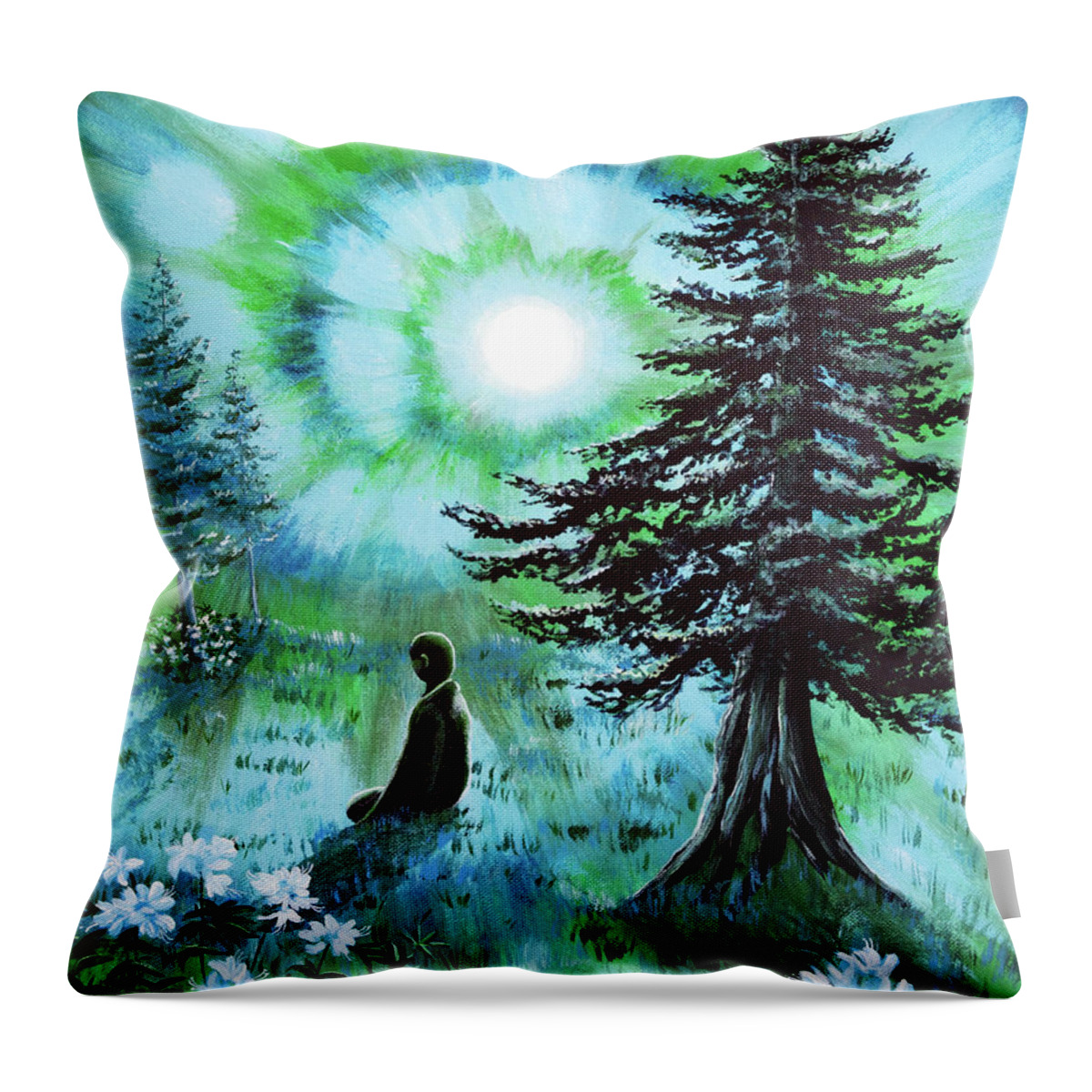 Blue Throw Pillow featuring the painting Early Morning Meditation in Blues and Greens by Laura Iverson