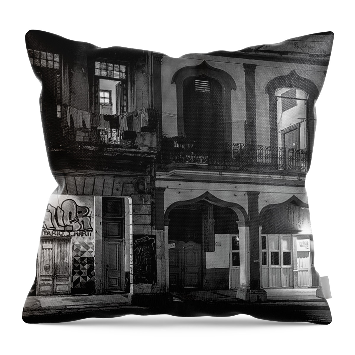 Joan Carroll Throw Pillow featuring the photograph Early Morning Paseo del Prado Havana Cuba BW by Joan Carroll