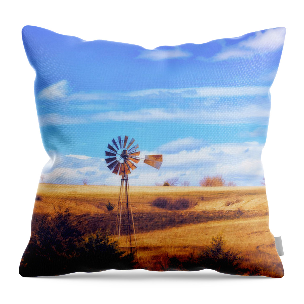 Spring Throw Pillow featuring the photograph Early Spring Kansas Prairie and Windmill by Anna Louise
