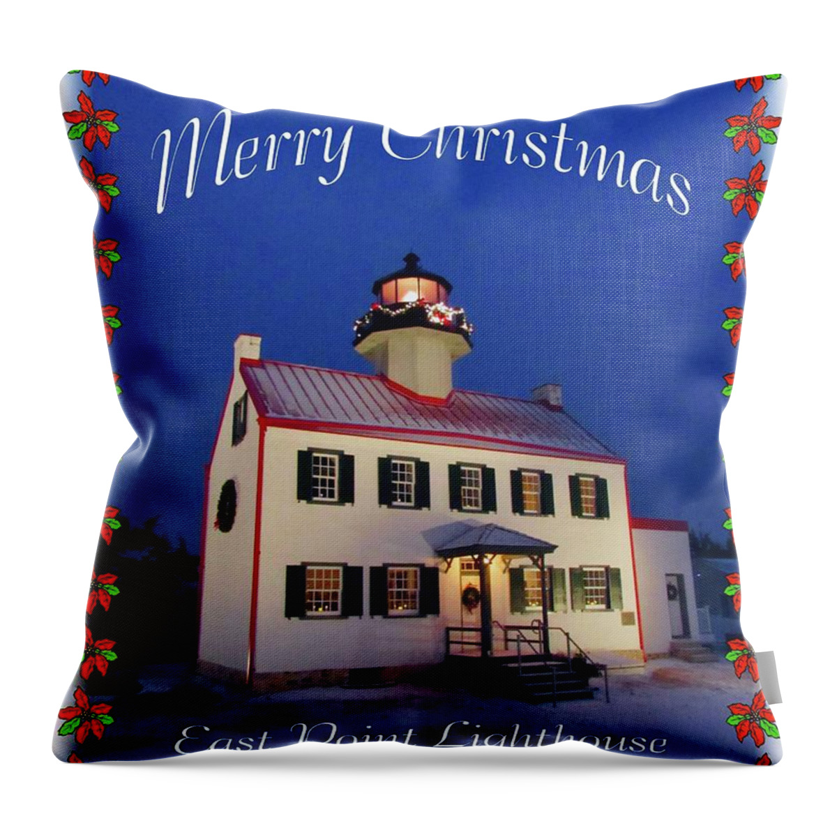 East Point Lighthouse Throw Pillow featuring the photograph East Point Merry Christmas by Nancy Patterson
