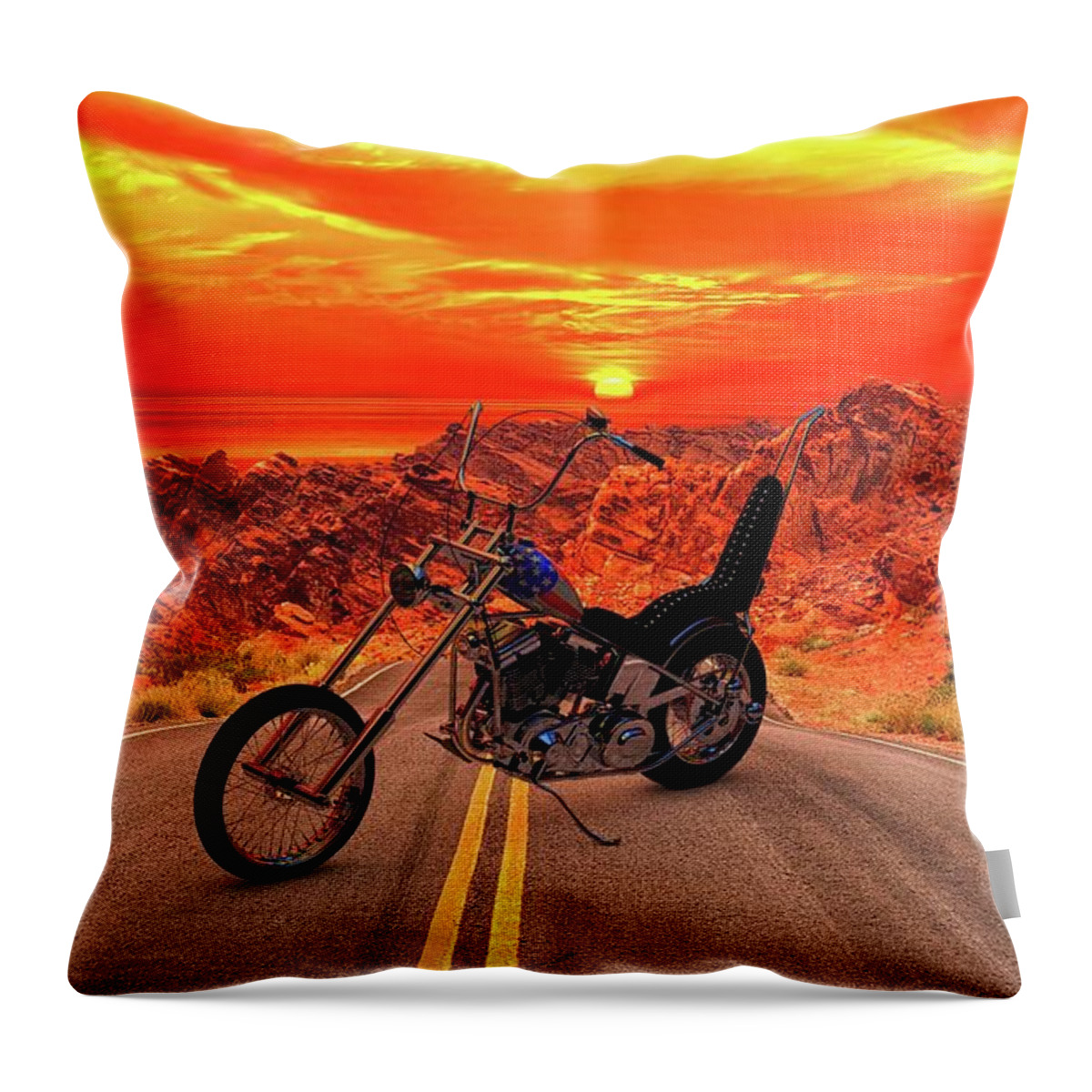 Easy Rider Chopper # Easy Rider # Chopper #sunset # Motorcycle #colorful #chopper # Render # Custom Chopper # Motorcycle Art # Usa # Reflections #florida #harley-davidson #american #c4d 3d Model #3d Rendering #photorealistic #custom Motorcycle #bobber #visualization # Easy Rider #chopper Throw Pillow featuring the photograph Easy rider chopper by Louis Ferreira
