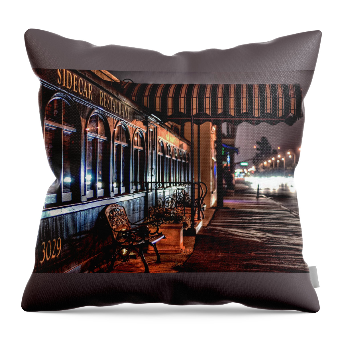 Night Bench Cityscape Sidecar Train Restaurant  Throw Pillow featuring the photograph Eatery by Wendell Ward