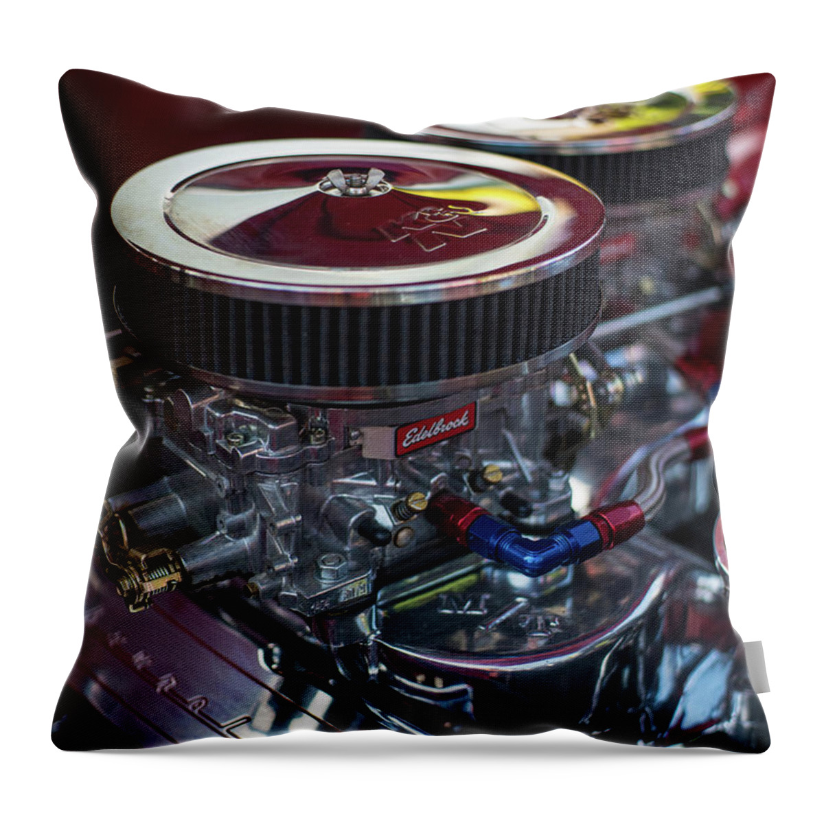 Chevy Throw Pillow featuring the photograph Edelbrock and Chevy by Mike Reid