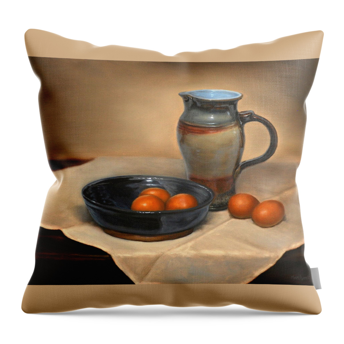 Oil Throw Pillow featuring the painting Eggs and Pitcher by Linda Merchant