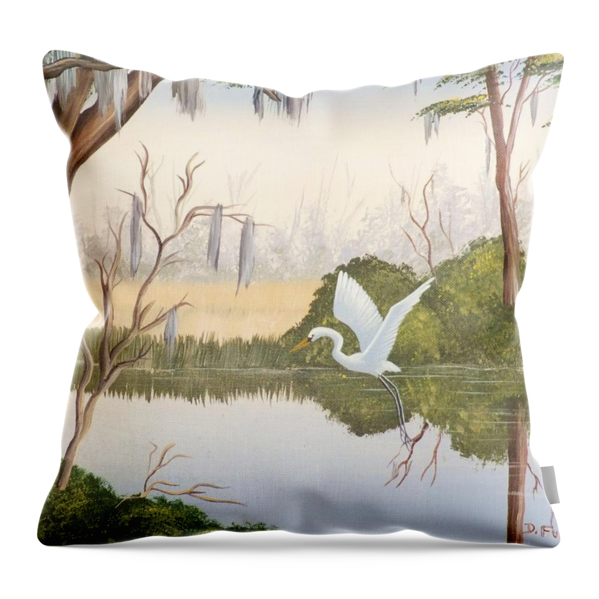 Bird Throw Pillow featuring the painting Egret In Flight 1 by Denise F Fulmer