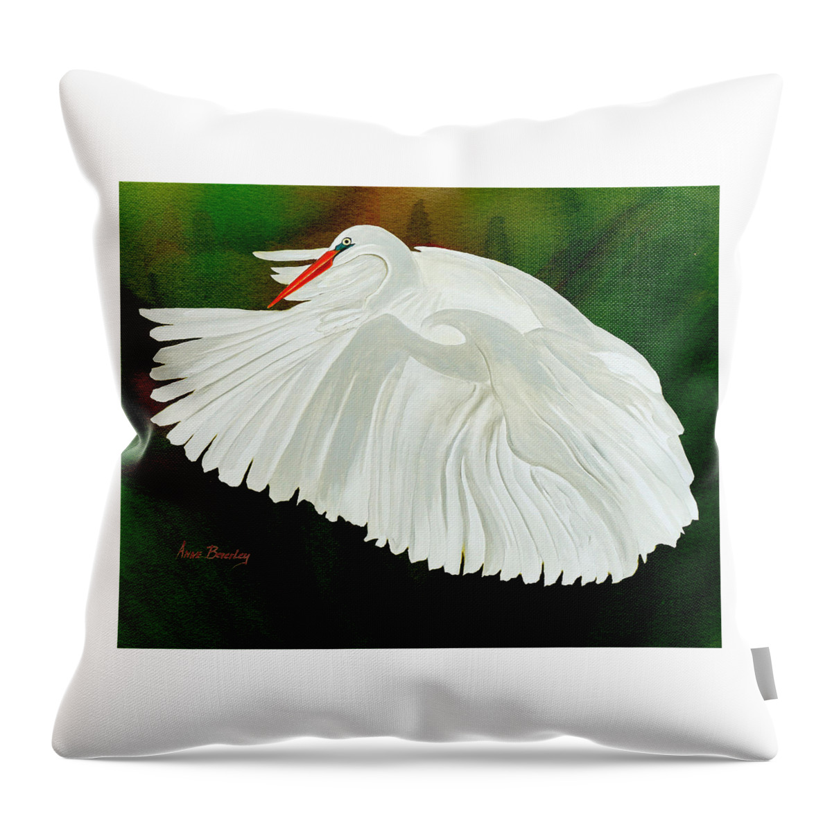 Egret Throw Pillow featuring the painting Egret in Flight by Anne Beverley-Stamps