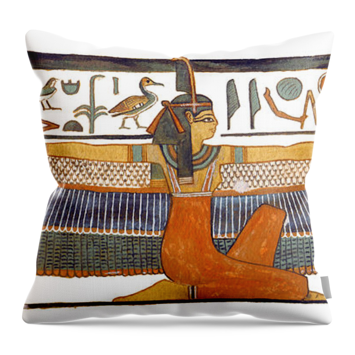 Ancient Egyptian Art Throw Pillow featuring the painting Egyptian Goddess Maat with Outstretched Wings by Ben Morales-Correa