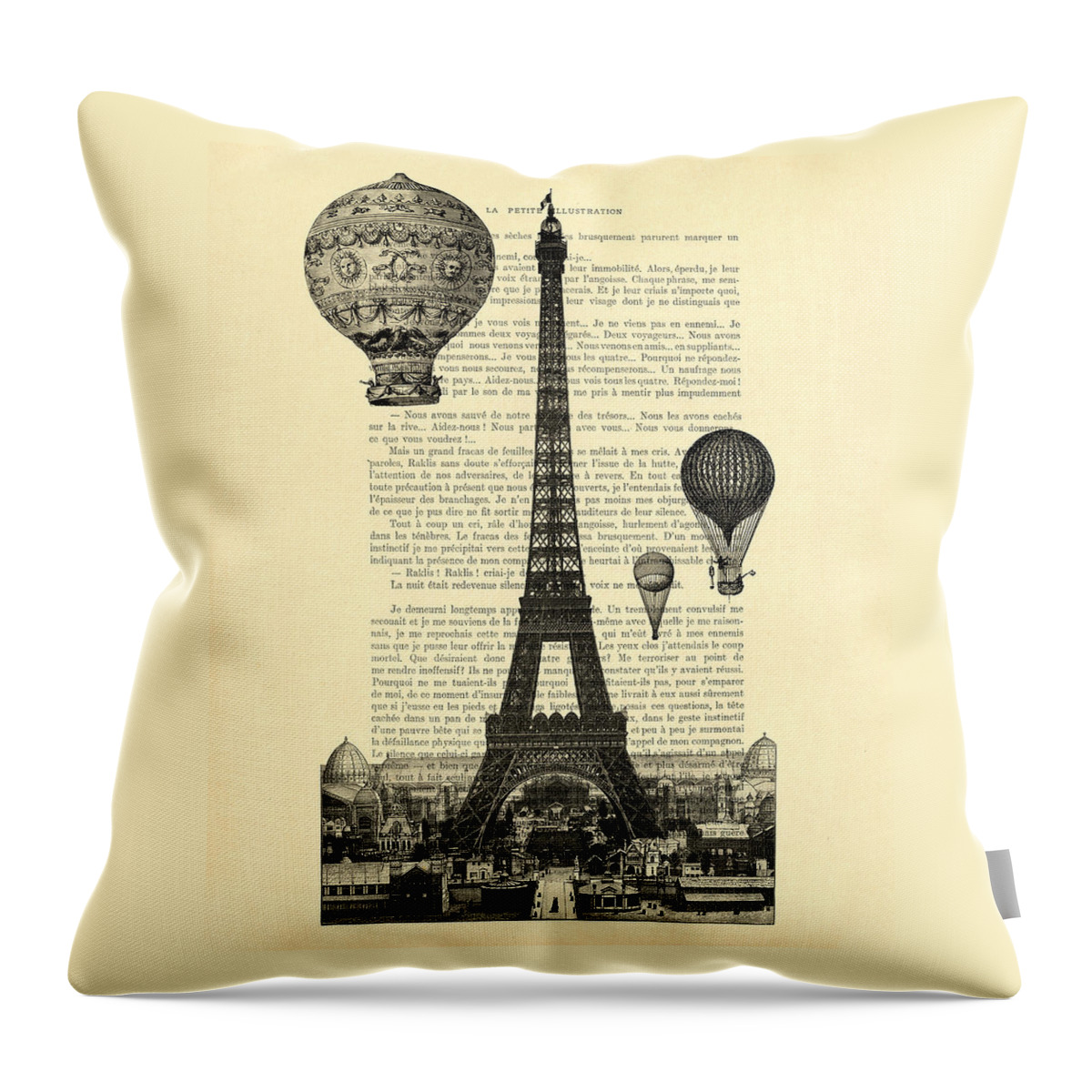 Eiffel Tower Throw Pillow featuring the digital art Eiffel Tower and hot air balloons by Madame Memento
