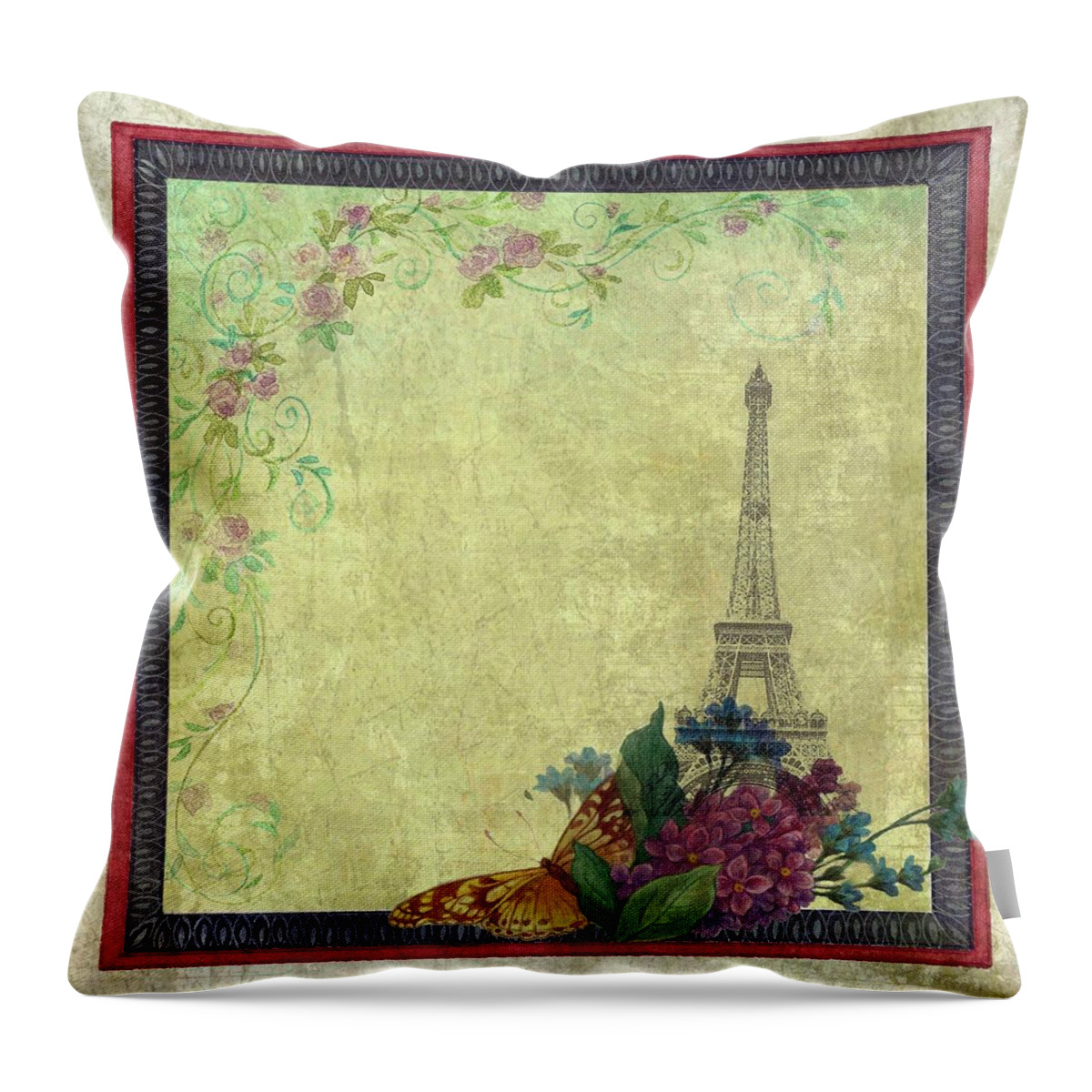 Eiffel Tower Throw Pillow featuring the painting Eiffel Tower Faded Floral with Swirls by Judith Cheng