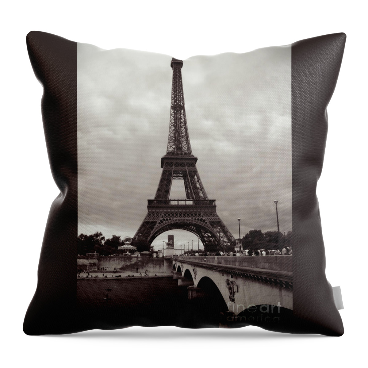 Architecture Throw Pillow featuring the photograph Eiffel Tower with Bridge in Sepia by Carol Groenen